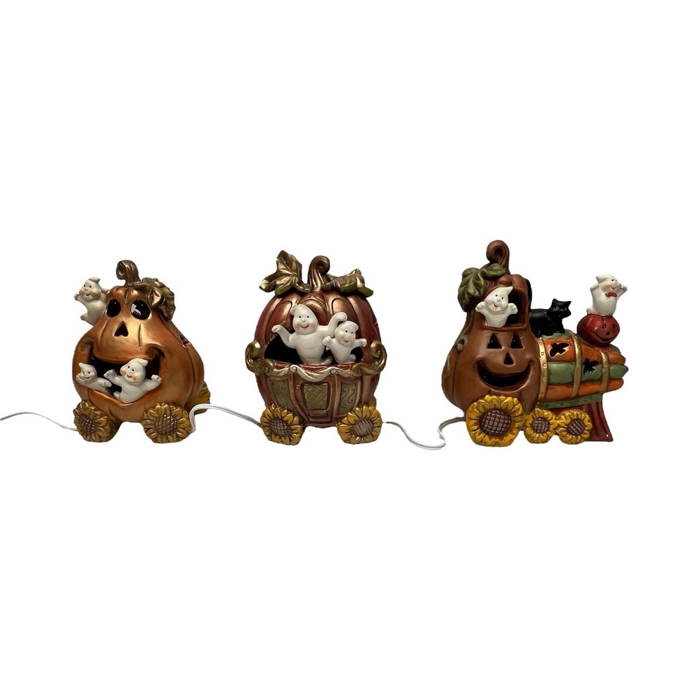 Halloween Light Up Train Decor Set Pumpkins Ghost Sunflowers W/ Box Spooky Cute - Picture 2 of 16